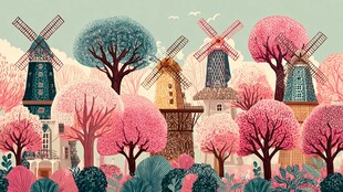 梦幻风车与繁花树林景观