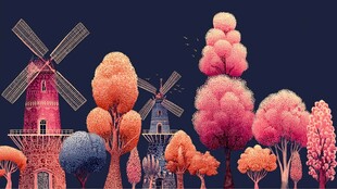 梦幻风车森林景观插画