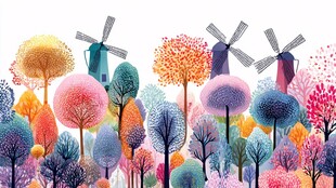 梦幻多彩树林与风车景观