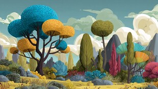 奇幻多彩的卡通风格森林景观