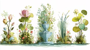 花园中的喷泉与花卉景观
