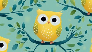 黄色猫头鹰栖息于绿叶枝头