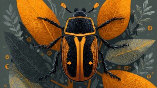 橙黑甲虫置身斑斓叶片间