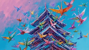 彩色千纸鹤环绕古老塔楼