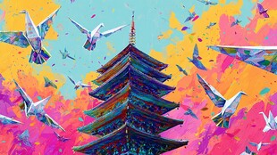 彩色飞鸟环绕下的宝塔