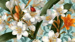 花朵上的瓢虫与烂漫花卉