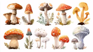 水彩风格多样蘑菇插画