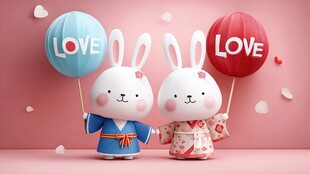 可爱小兔情侣持爱心气球