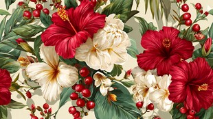 复古花卉图案 红白花朵繁茂