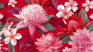 红色背景上的绚丽花卉图案