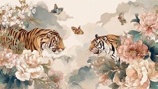 双虎戏蝶伴繁花图