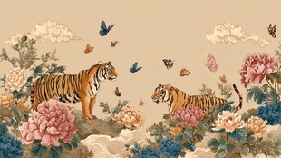 双虎戏蝶牡丹图