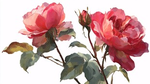 娇艳欲滴的两朵盛开红玫瑰