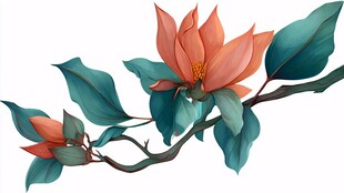 橙红玉兰枝 清新插画风