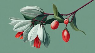 银铃红果花枝插画