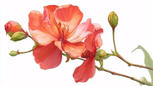 娇艳红花朵与嫩绿花苞