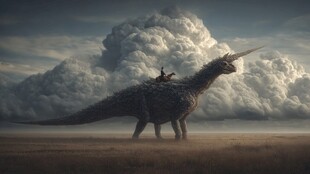 骑恐龙者于云海下的奇幻景