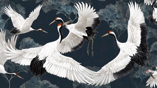 丹顶鹤群舞于幽蓝背景间