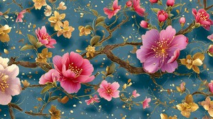 蓝色背景繁花中式花卉图