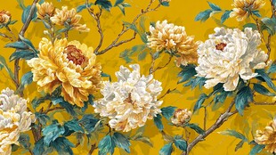 黄色背景上的绚烂牡丹花卉