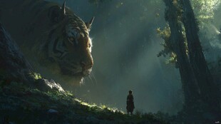 人虎对视于神秘森林中