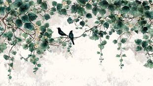 双鸟栖于藤蔓枝叶间