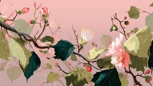 粉色背景下的繁花绿枝