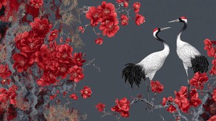 丹顶鹤栖于繁花枝头