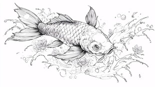 跃动的锦鲤黑白线条画