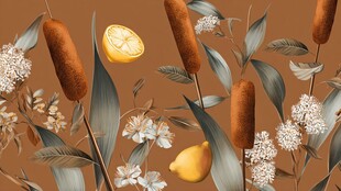棕底柠檬蒲苇花卉图案