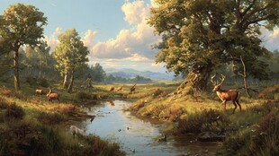 林间溪边的鹿群自然美景