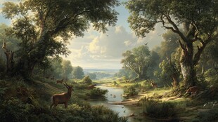 森林溪边的静谧鹿群景象