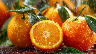 新鲜多汁的雨中橙子