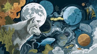 月夜下的狼与奇幻自然景观