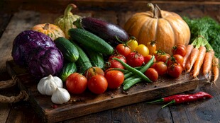 新鲜多样的木制砧板蔬菜