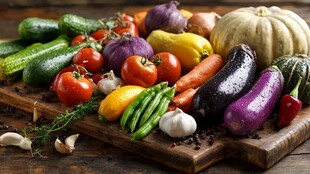 多彩新鲜蔬菜摆满木砧板