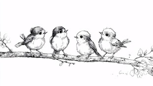 四只小鸟栖于枝头