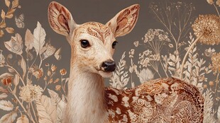 精致花纹小鹿与花卉图景