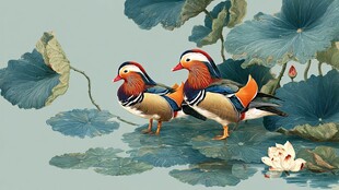 荷塘中相依的美丽鸳鸯