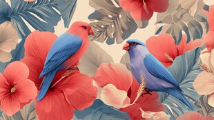 双鸟栖花间 热带风情画