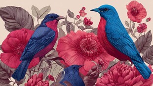 花丛中的多彩鸟儿