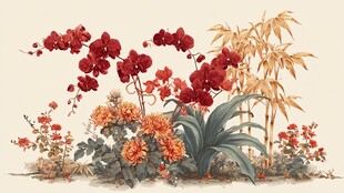 中式花卉与翠竹雅致景致