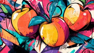 多彩涂鸦风的新鲜桃子