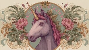 梦幻独角兽与花卉装饰画