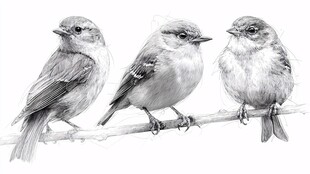 三只小鸟栖息枝头素描图