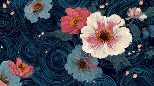 复古花卉与漩涡背景图案