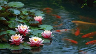 睡莲池中游弋的锦鲤鱼