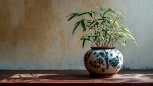 青花瓷盆中翠绿竹子