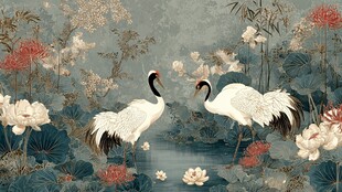 双鹤栖于繁花绿水间