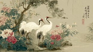 双鹤栖于繁花绿树间